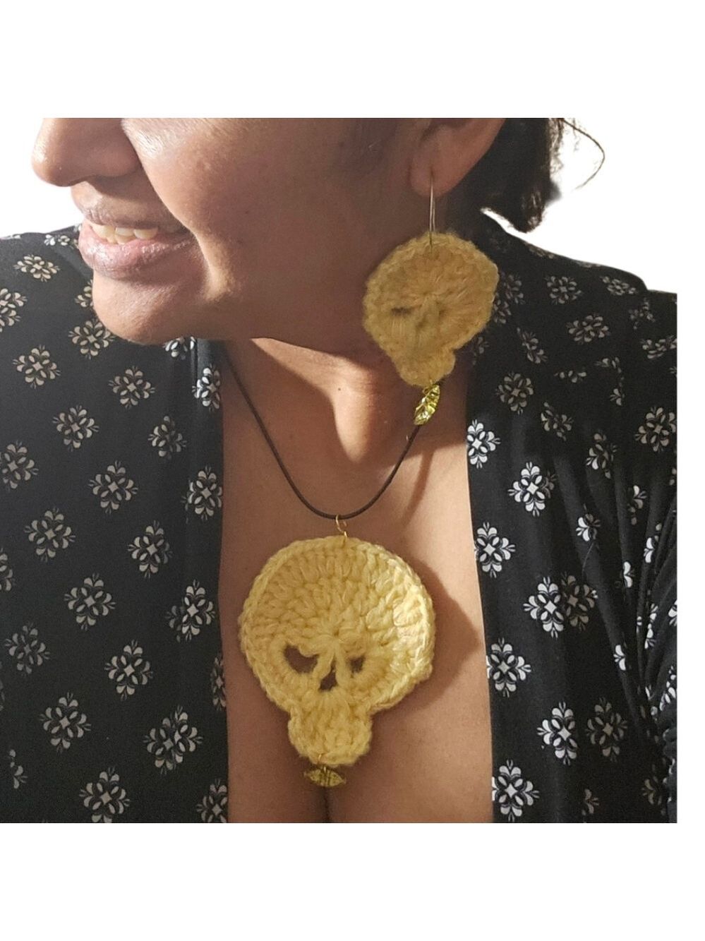 Handmade Yellow Crochet Skull Jewelry Set Butterfly Beads Dia de Muertos 3pc Set